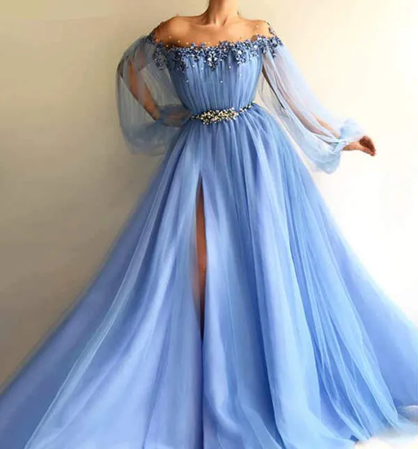Elegant Off the Shoulder Blue Long Sleeves Beaded Side Slit Prom Dresses,MP453