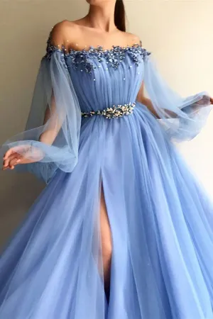 Elegant Off the Shoulder Blue Long Sleeves Beaded Side Slit Prom Dresses,MP453