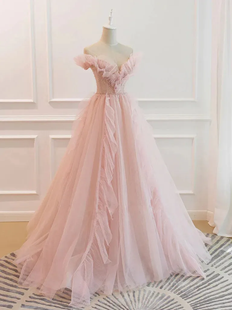 Elegant Off the Shoulder Pink Tulle Long Prom Dresses, Off Shoulder Pink Formal Dresses, Pink Evening Dresses