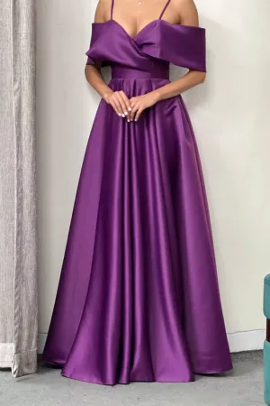 Elegant Prom Dress with Pockets - Purple Off-The-Shoulder A-Line