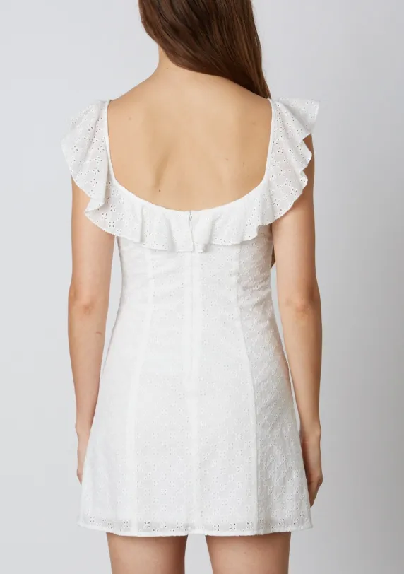 Eyelet Ruffle Trim Shoulder Mini Dress