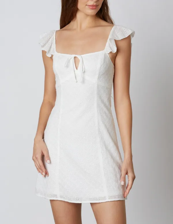 Eyelet Ruffle Trim Shoulder Mini Dress