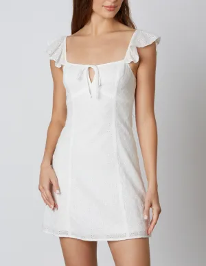 Eyelet Ruffle Trim Shoulder Mini Dress