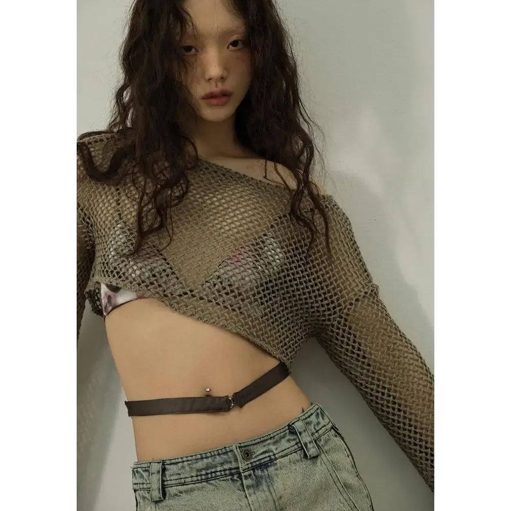 Fairy Grunge Aesthetic Fishnet Shrug Sweater with Crochet Detail