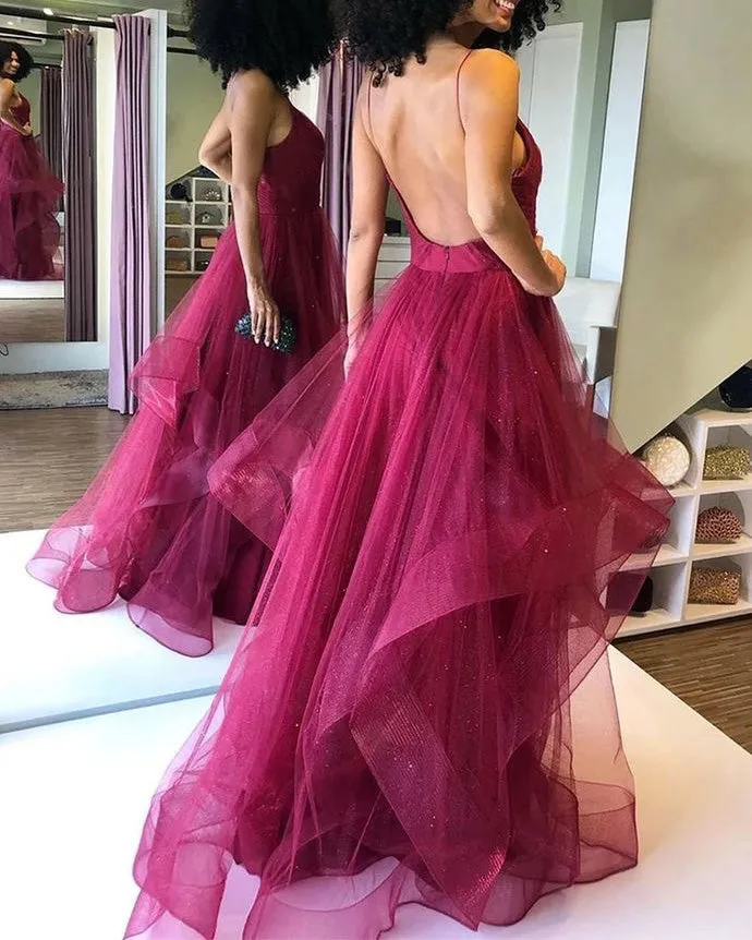 Fashion Burgundy Tulle Prom Dresses with Ruffles Sexy Backless Spaghetti Straps A-line Long Pageant Party Gowns