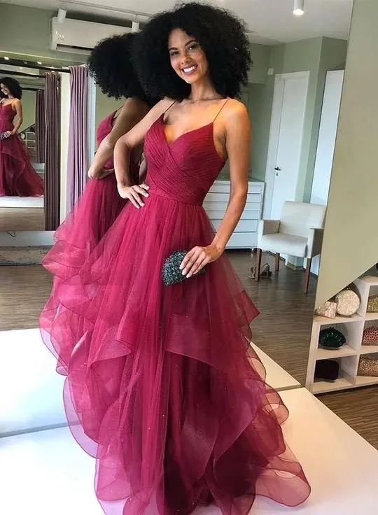 Fashion Burgundy Tulle Prom Dresses with Ruffles Sexy Backless Spaghetti Straps A-line Long Pageant Party Gowns
