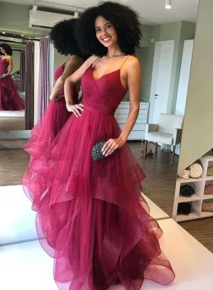 Fashion Burgundy Tulle Prom Dresses with Ruffles Sexy Backless Spaghetti Straps A-line Long Pageant Party Gowns