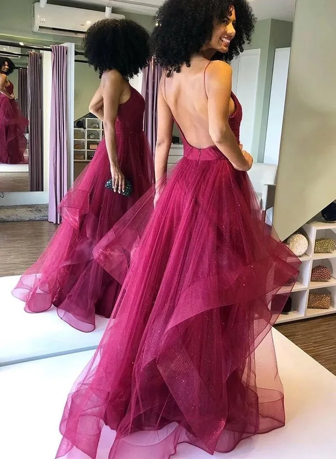 Fashion Burgundy Tulle Prom Dresses with Ruffles Sexy Backless Spaghetti Straps A-line Long Pageant Party Gowns