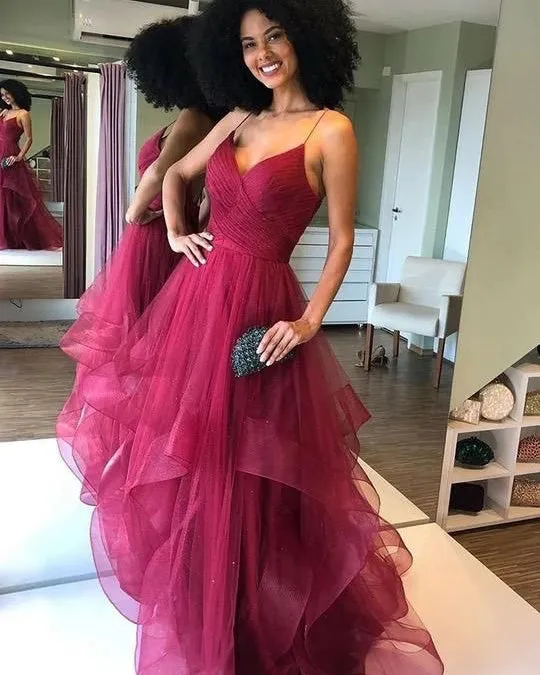 Fashion Burgundy Tulle Prom Dresses with Ruffles Sexy Backless Spaghetti Straps A-line Long Pageant Party Gowns