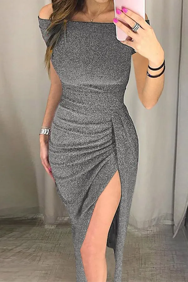 Fashion Elegant Solid Slit Sequined Off the Shoulder Wrapped Skirt Dresses