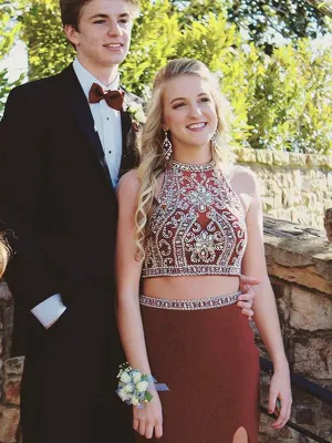 Fashion Gorgeous Two pieces Burgundy Sparkly Beading Rhinestone Mermaid Prom Gown Dresses,PD00028