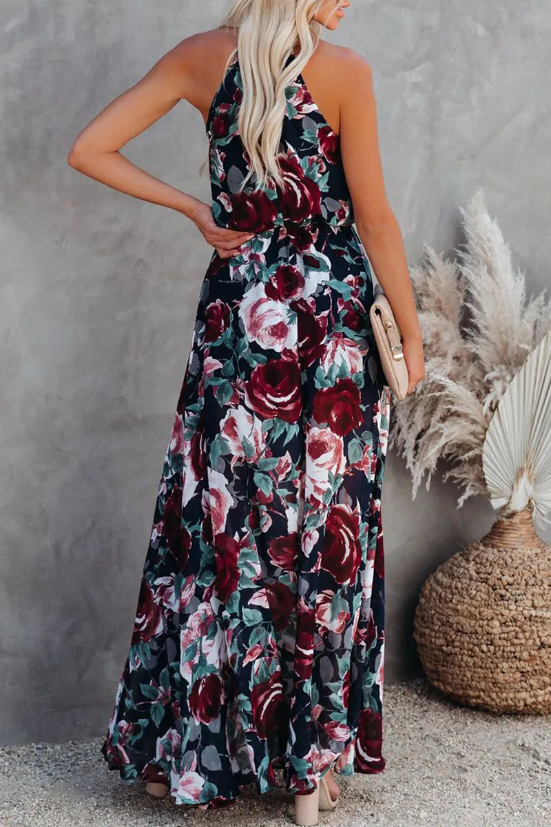 Fashion Print Patchwork Halter Waist Skirt Dresses