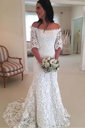 Floral Lace Bridal Dresses with Off-the-shoulder Sleeves