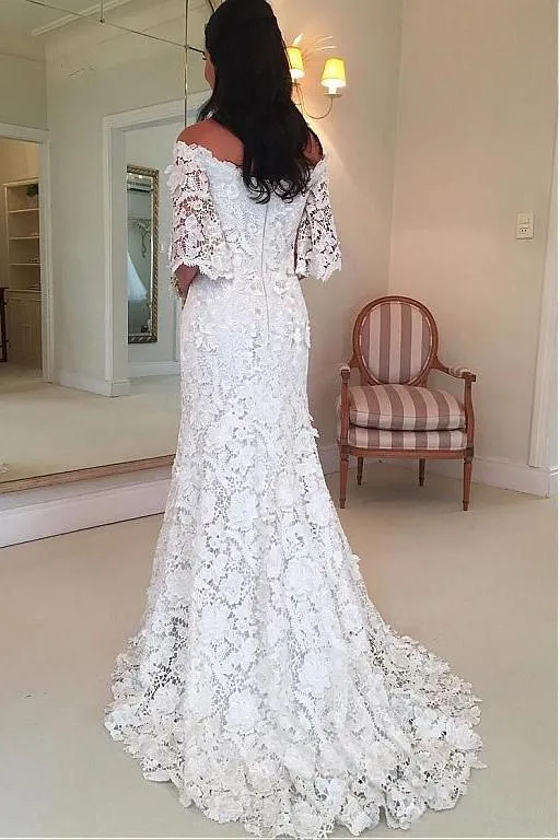 Floral Lace Bridal Dresses with Off-the-shoulder Sleeves