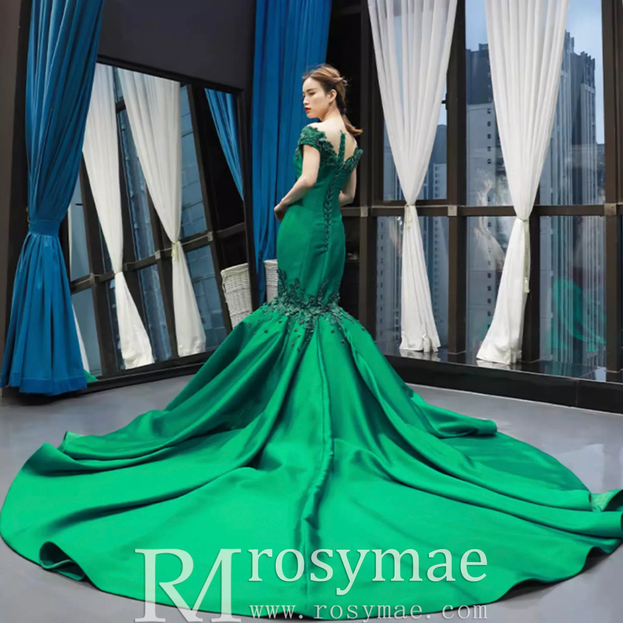 Floral Mermaid Prom Dresses Emerald Green Pageant Dress