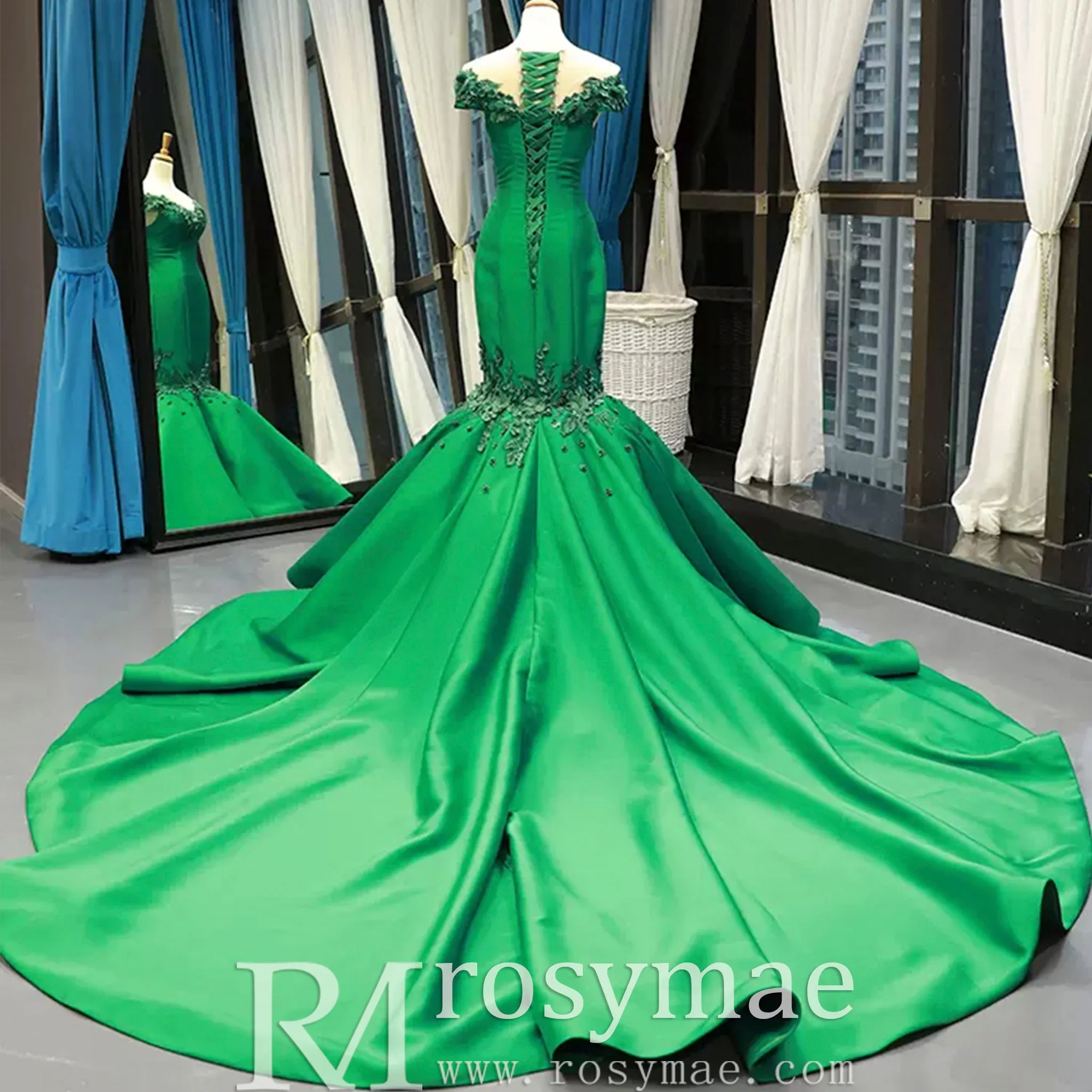 Floral Mermaid Prom Dresses Emerald Green Pageant Dress