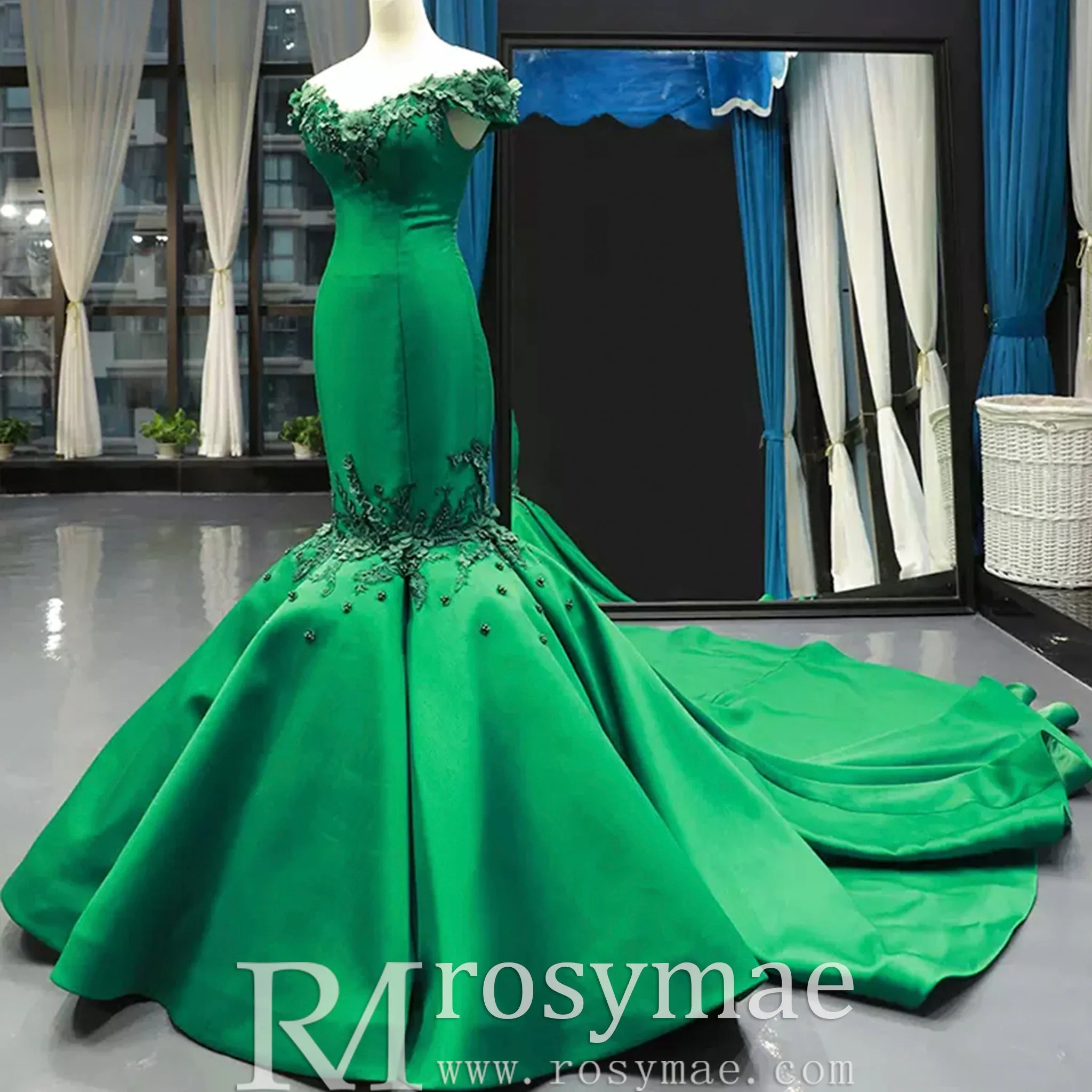 Floral Mermaid Prom Dresses Emerald Green Pageant Dress