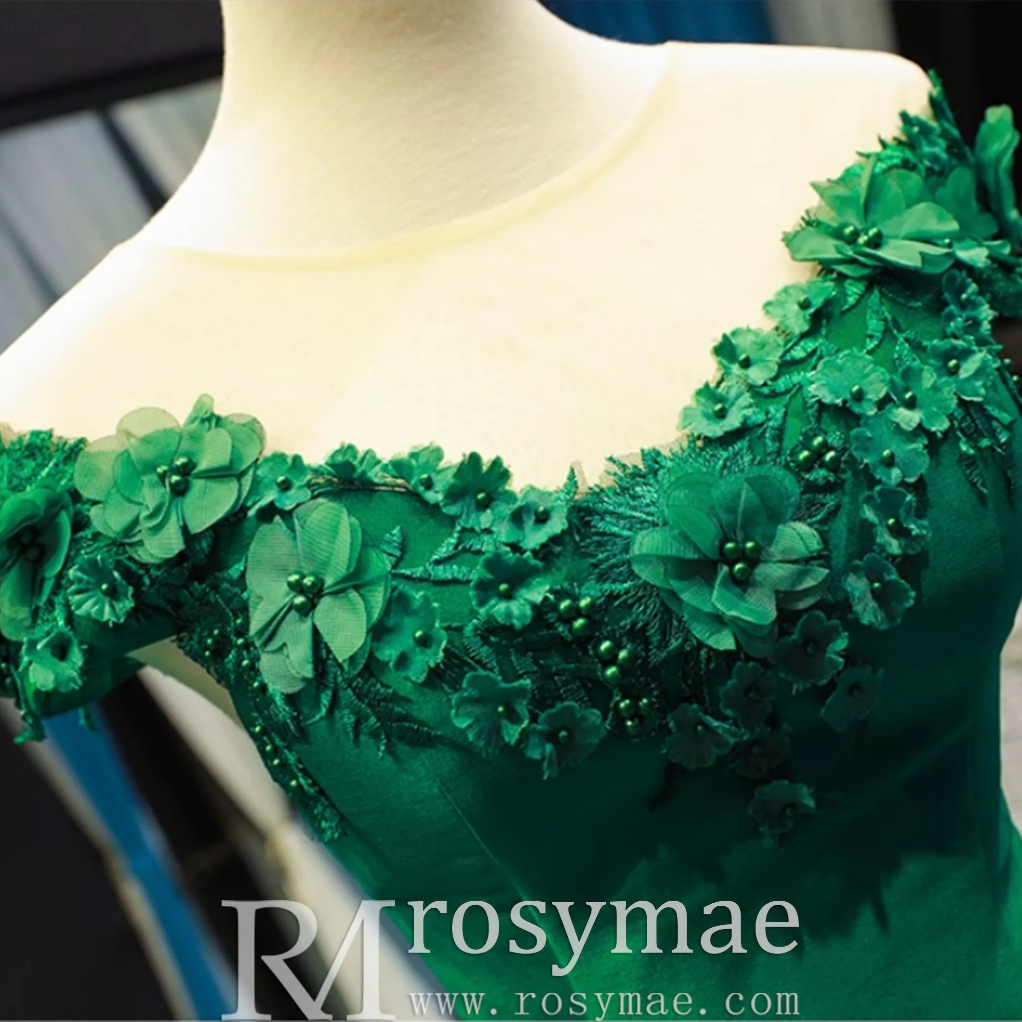 Floral Mermaid Prom Dresses Emerald Green Pageant Dress