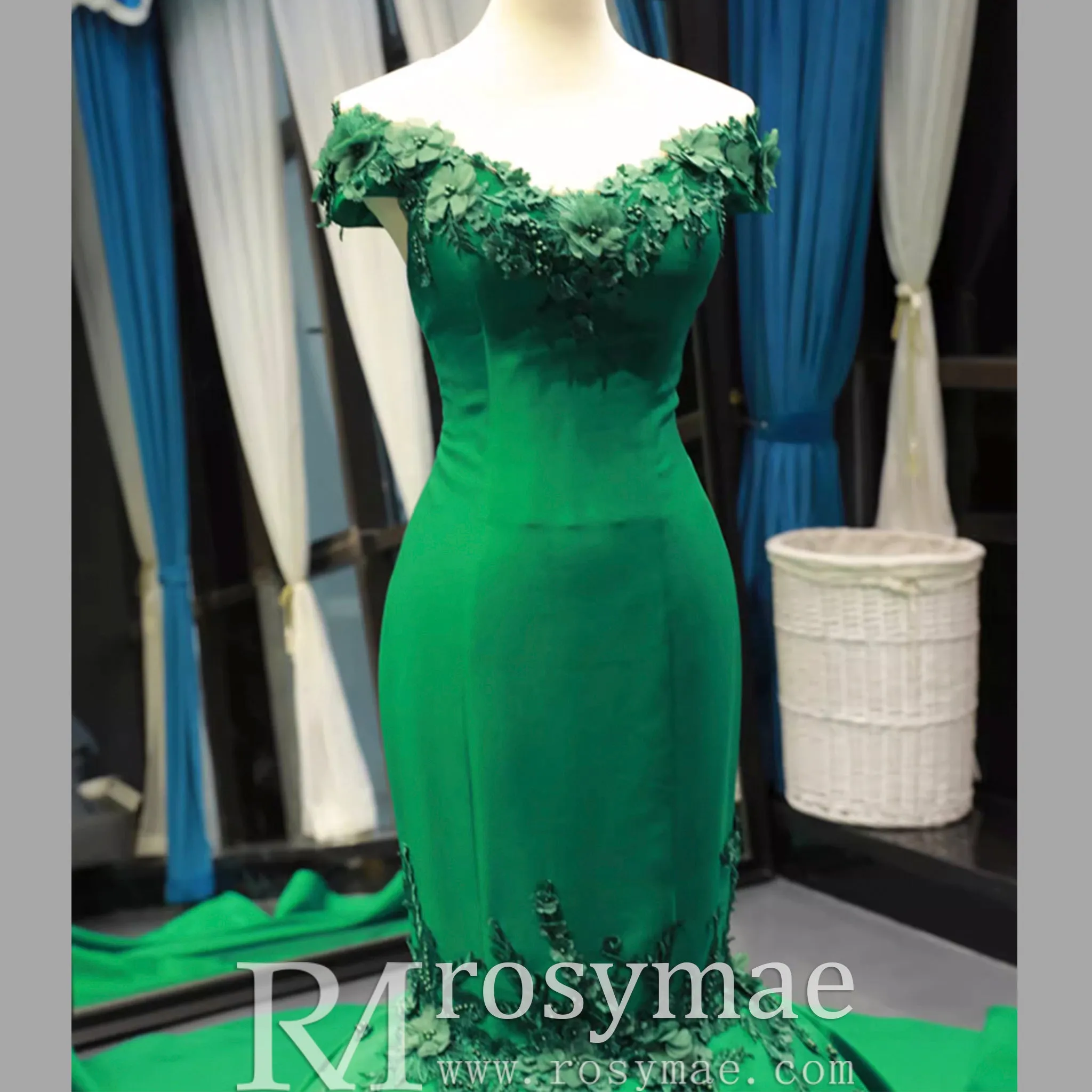 Floral Mermaid Prom Dresses Emerald Green Pageant Dress