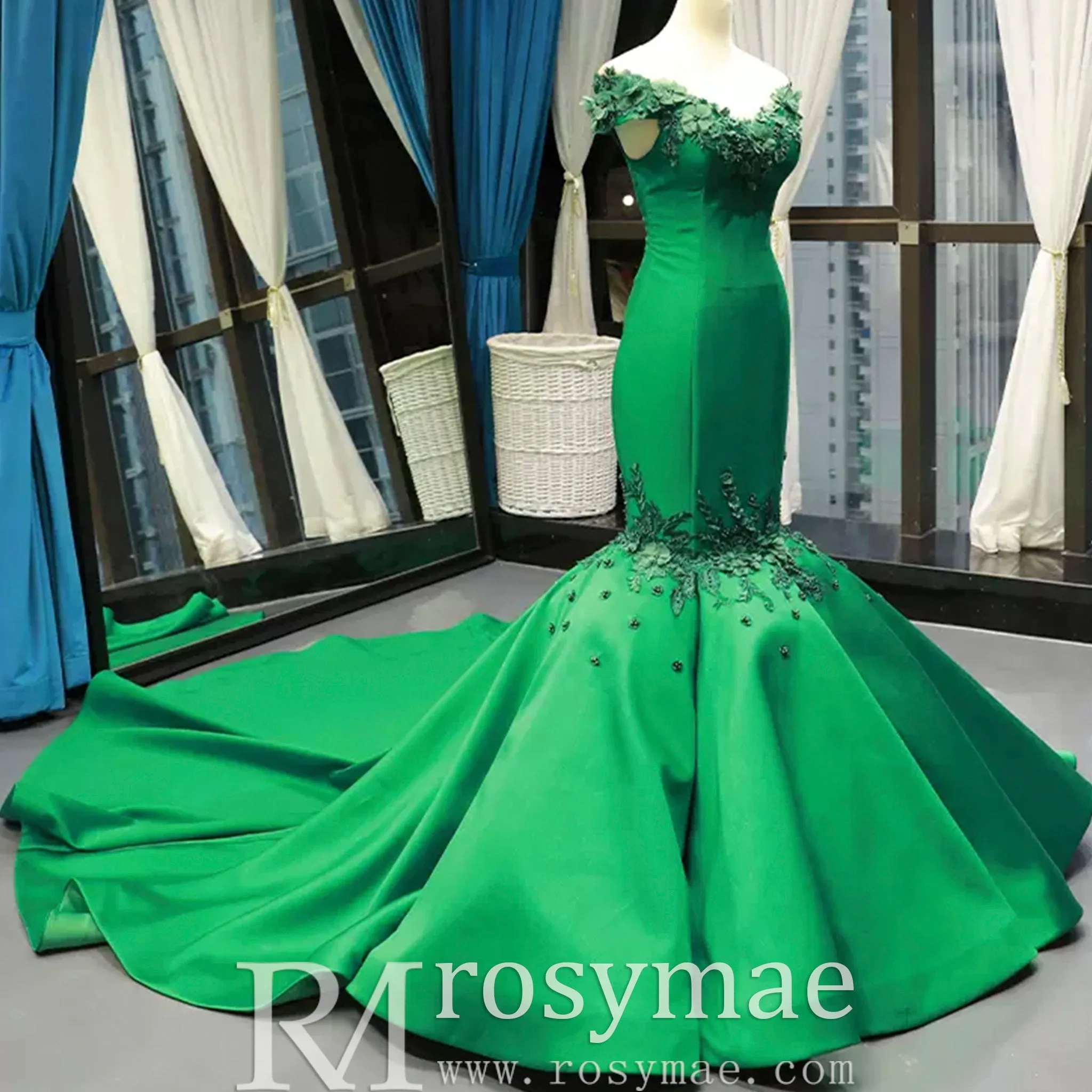 Floral Mermaid Prom Dresses Emerald Green Pageant Dress