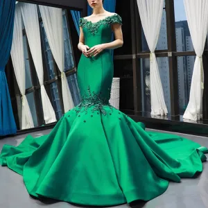 Floral Mermaid Prom Dresses Emerald Green Pageant Dress