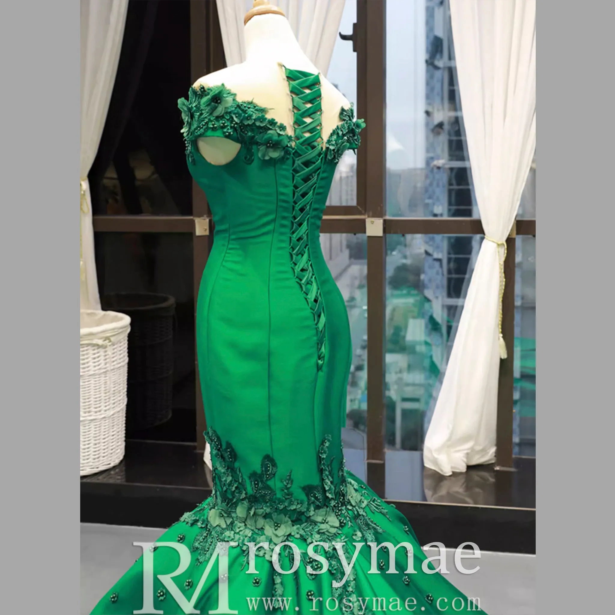 Floral Mermaid Prom Dresses Emerald Green Pageant Dress