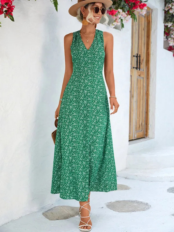 Floral Print Maxi Dress with V-Neck Halter Design