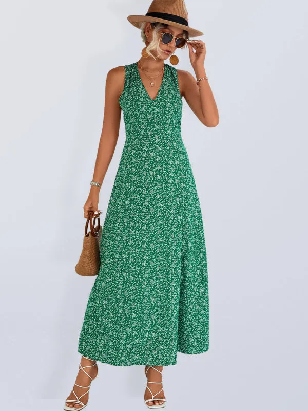 Floral Print Maxi Dress with V-Neck Halter Design