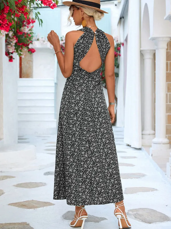 Floral Print Maxi Dress with V-Neck Halter Design