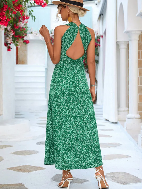 Floral Print Maxi Dress with V-Neck Halter Design