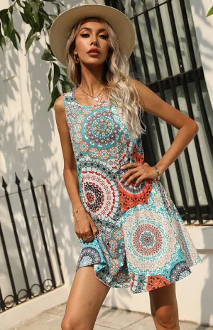 Geometric Print Sleeveless Mini Dress with Round Neck