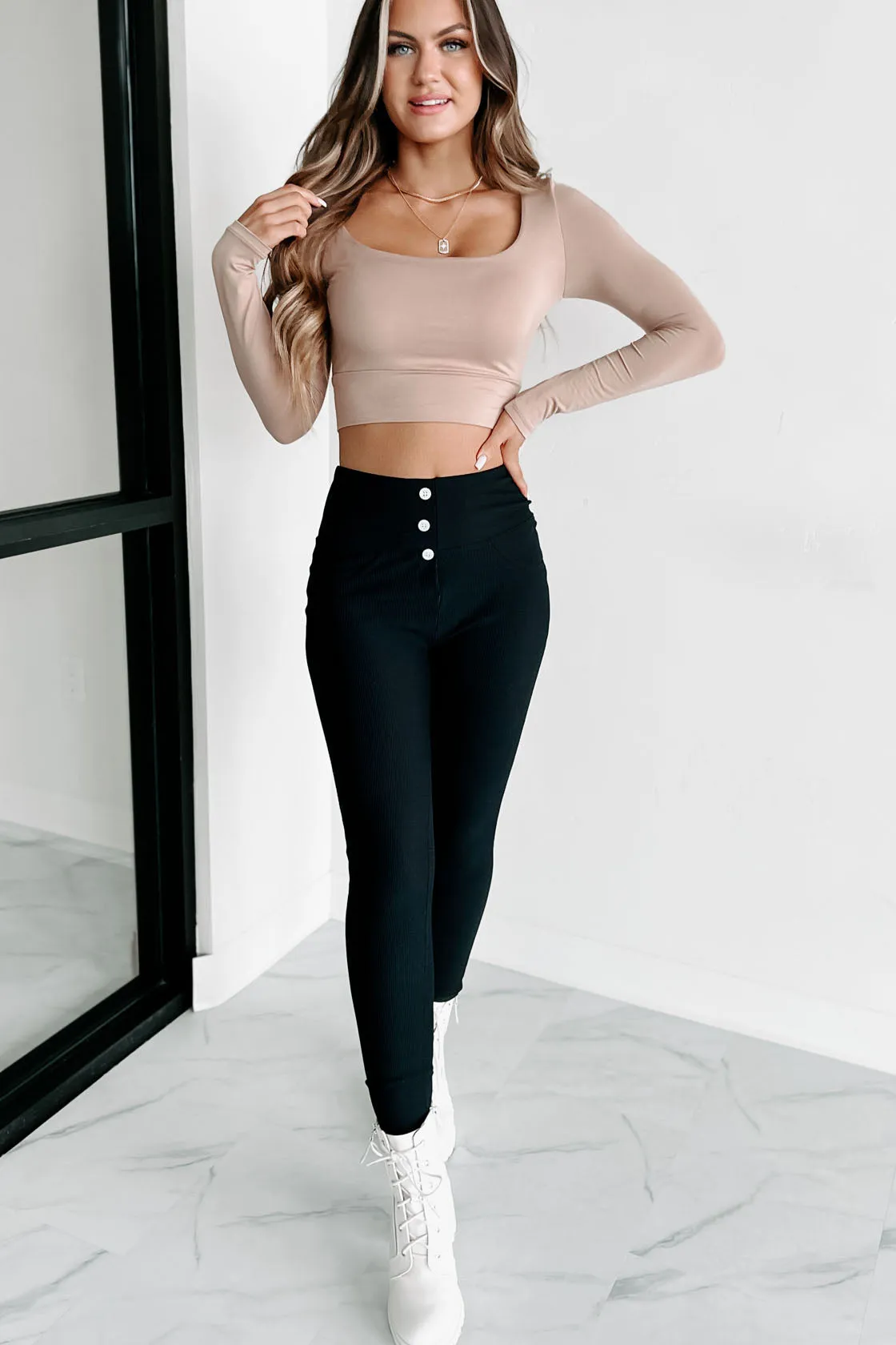 Glad You Stayed Square Neck Long Sleeve Crop Top (Tan)
