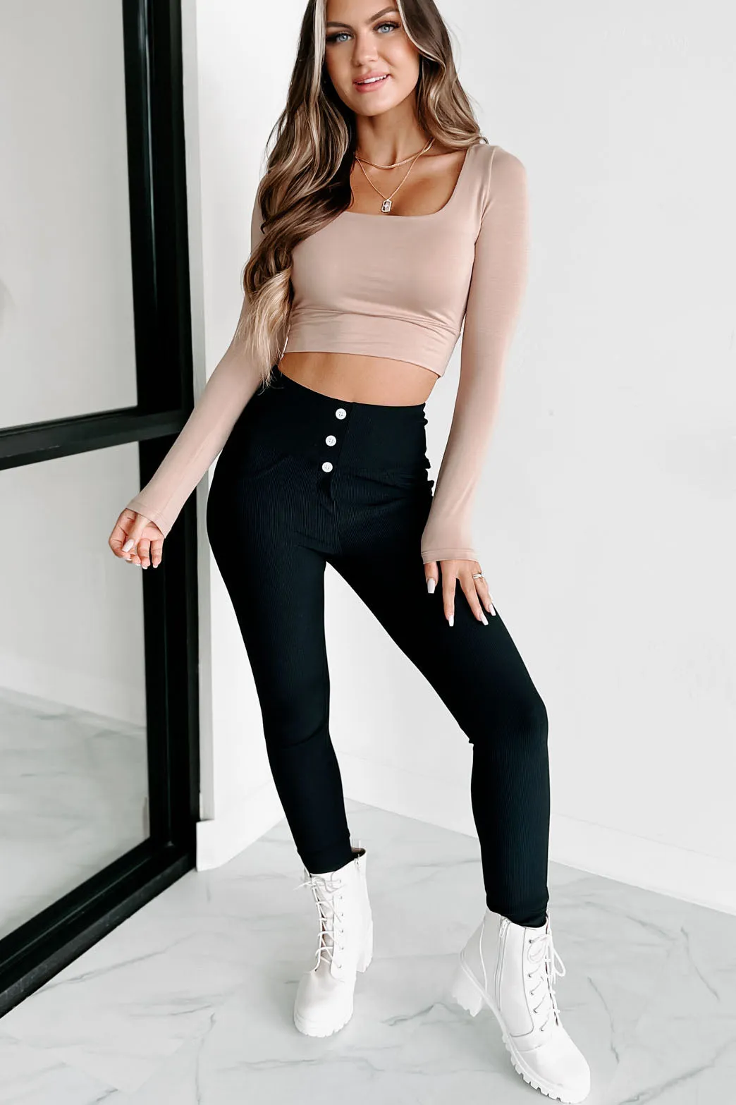 Glad You Stayed Square Neck Long Sleeve Crop Top (Tan)