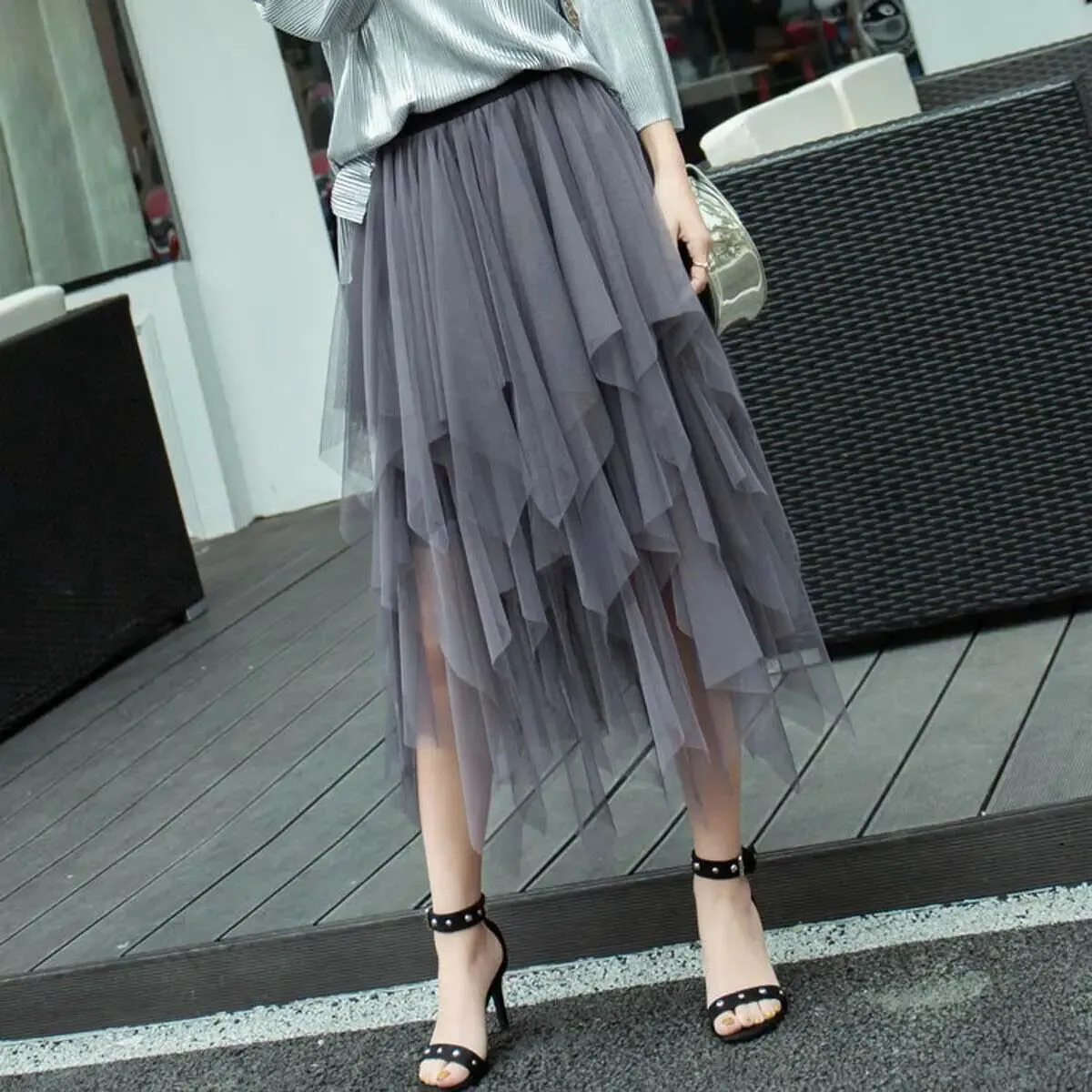 Gothic Black Mesh Long Mini Skirt Women Multilayer Irregular Dark Aesthetic Fairy Grunge Midi Skirts Punk Emo Alt Korean Fashion