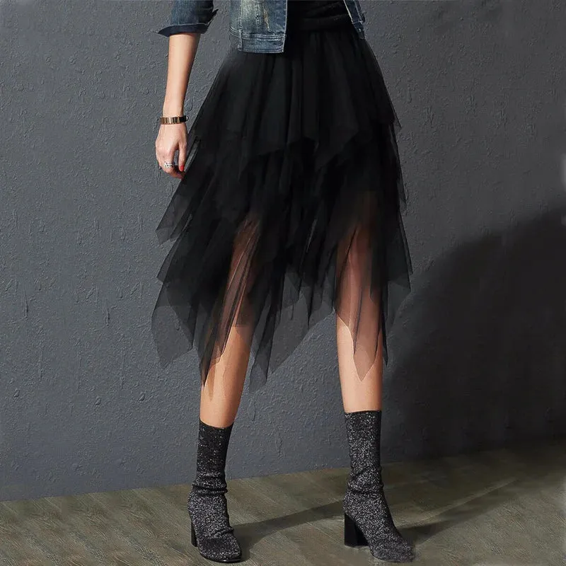 Gothic Black Mesh Long Mini Skirt Women Multilayer Irregular Dark Aesthetic Fairy Grunge Midi Skirts Punk Emo Alt Korean Fashion