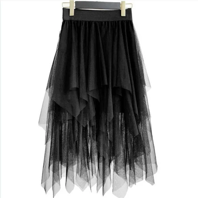Gothic Black Mesh Long Mini Skirt Women Multilayer Irregular Dark Aesthetic Fairy Grunge Midi Skirts Punk Emo Alt Korean Fashion