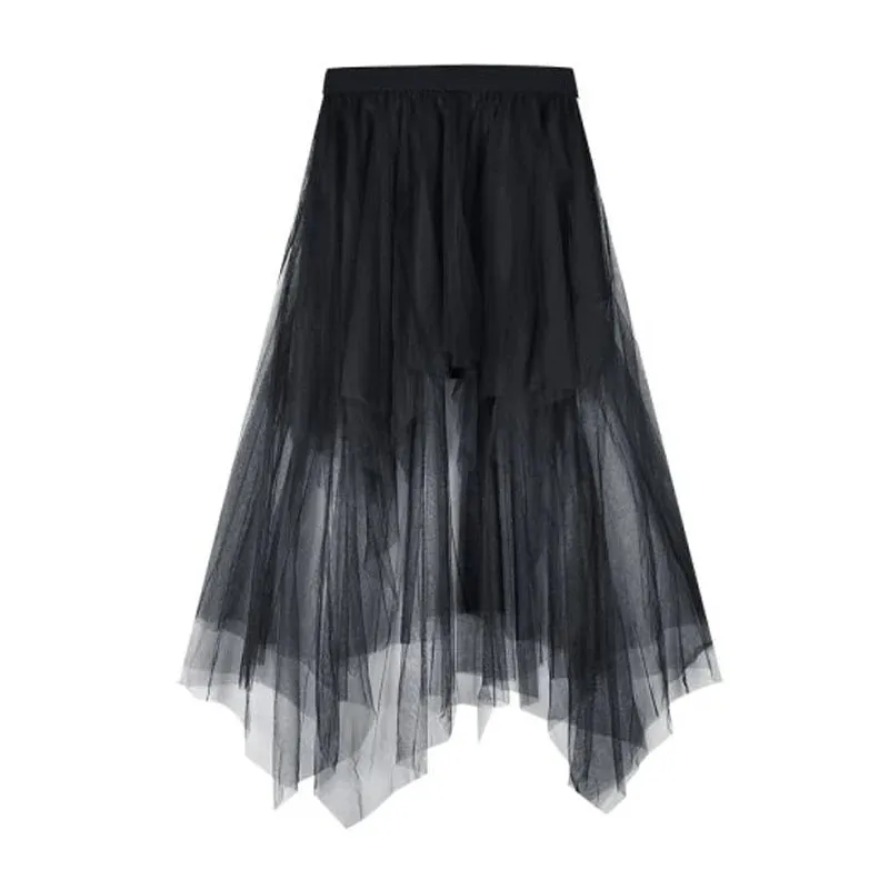 Gothic Black Mesh Long Mini Skirt Women Multilayer Irregular Dark Aesthetic Fairy Grunge Midi Skirts Punk Emo Alt Korean Fashion