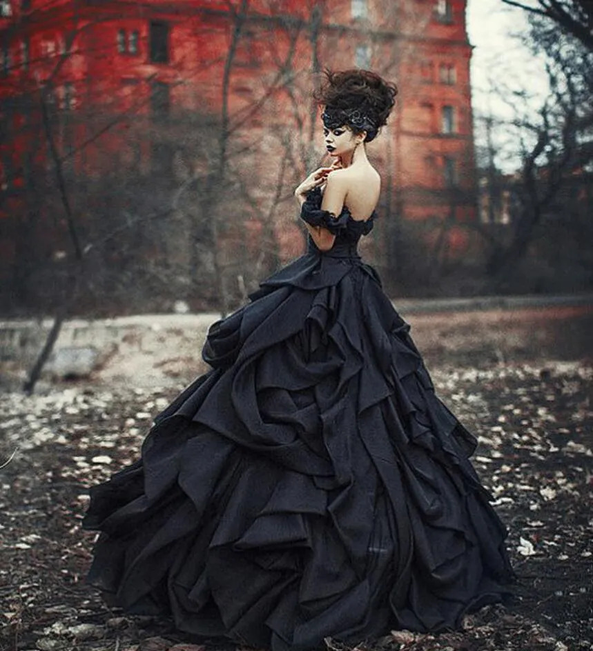 Gothic Vintage Satin Bridal Dress Off The Shoulder Black Ruched Ball Gown Free Shipping