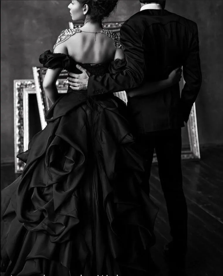Gothic Vintage Satin Bridal Dress Off The Shoulder Black Ruched Ball Gown Free Shipping