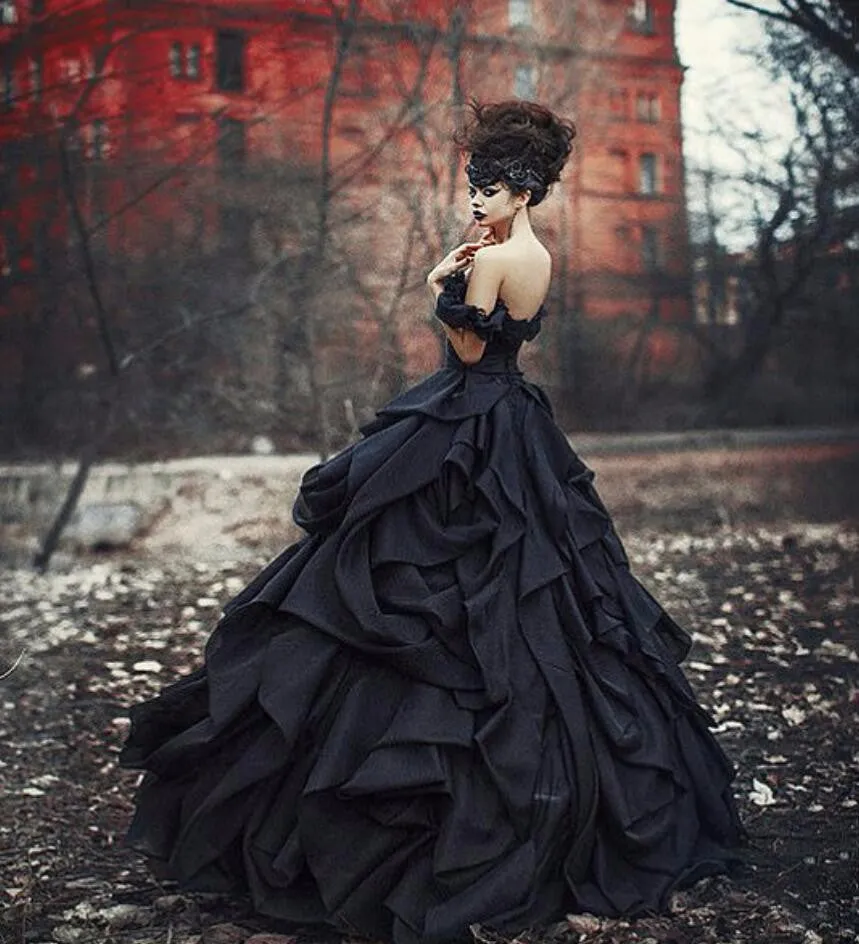 Gothic Vintage Satin Bridal Dress Off The Shoulder Black Ruched Ball Gown Free Shipping