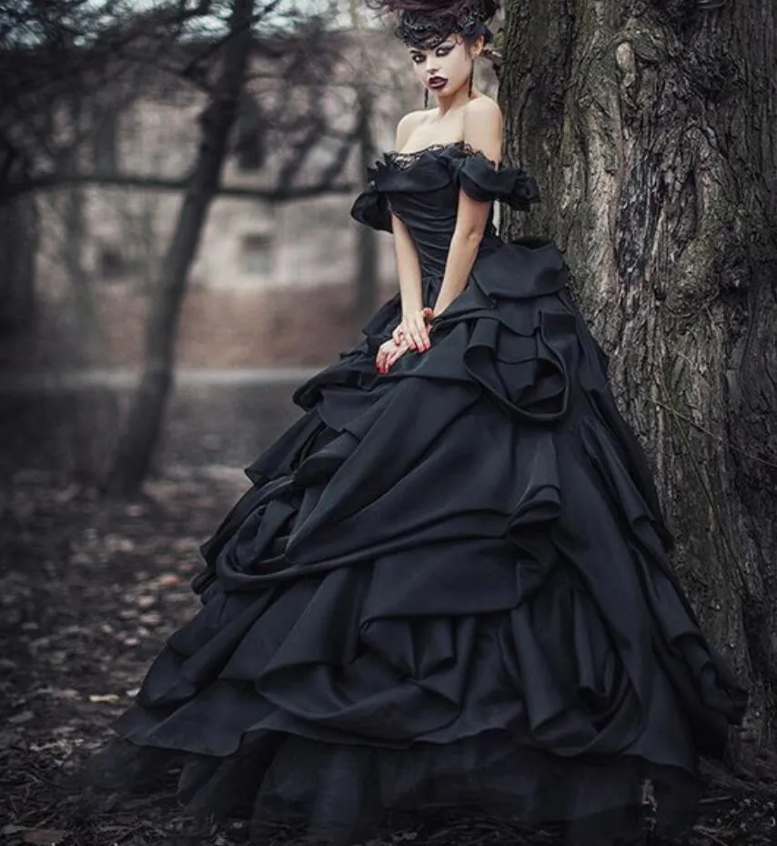 Gothic Vintage Satin Bridal Dress Off The Shoulder Black Ruched Ball Gown Free Shipping