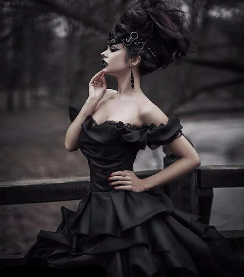 Gothic Vintage Satin Bridal Dress Off The Shoulder Black Ruched Ball Gown Free Shipping