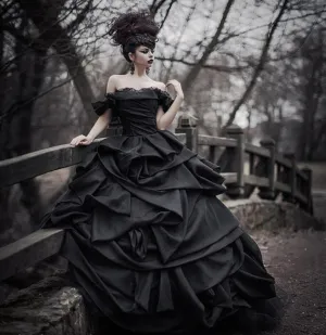Gothic Vintage Satin Bridal Dress Off The Shoulder Black Ruched Ball Gown Free Shipping