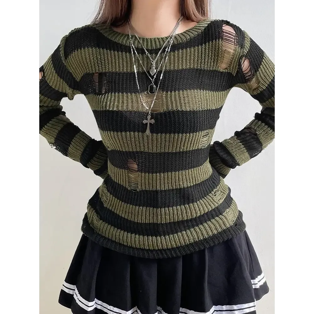 Green Distressed Knit Sweater with Black Stripes for a Grunge Aesthetic