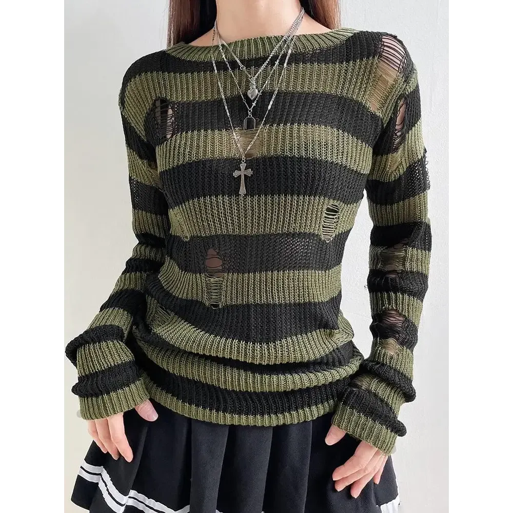 Green Distressed Knit Sweater with Black Stripes for a Grunge Aesthetic