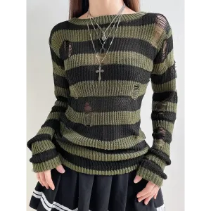 Green Distressed Knit Sweater with Black Stripes for a Grunge Aesthetic