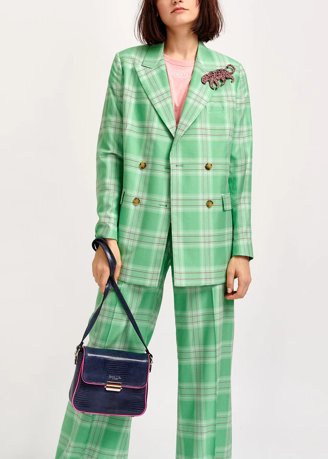 Green plaid double-breasted blazer