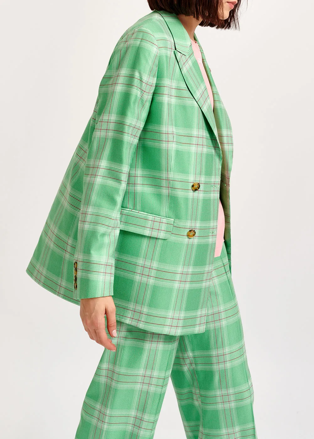 Green plaid double-breasted blazer