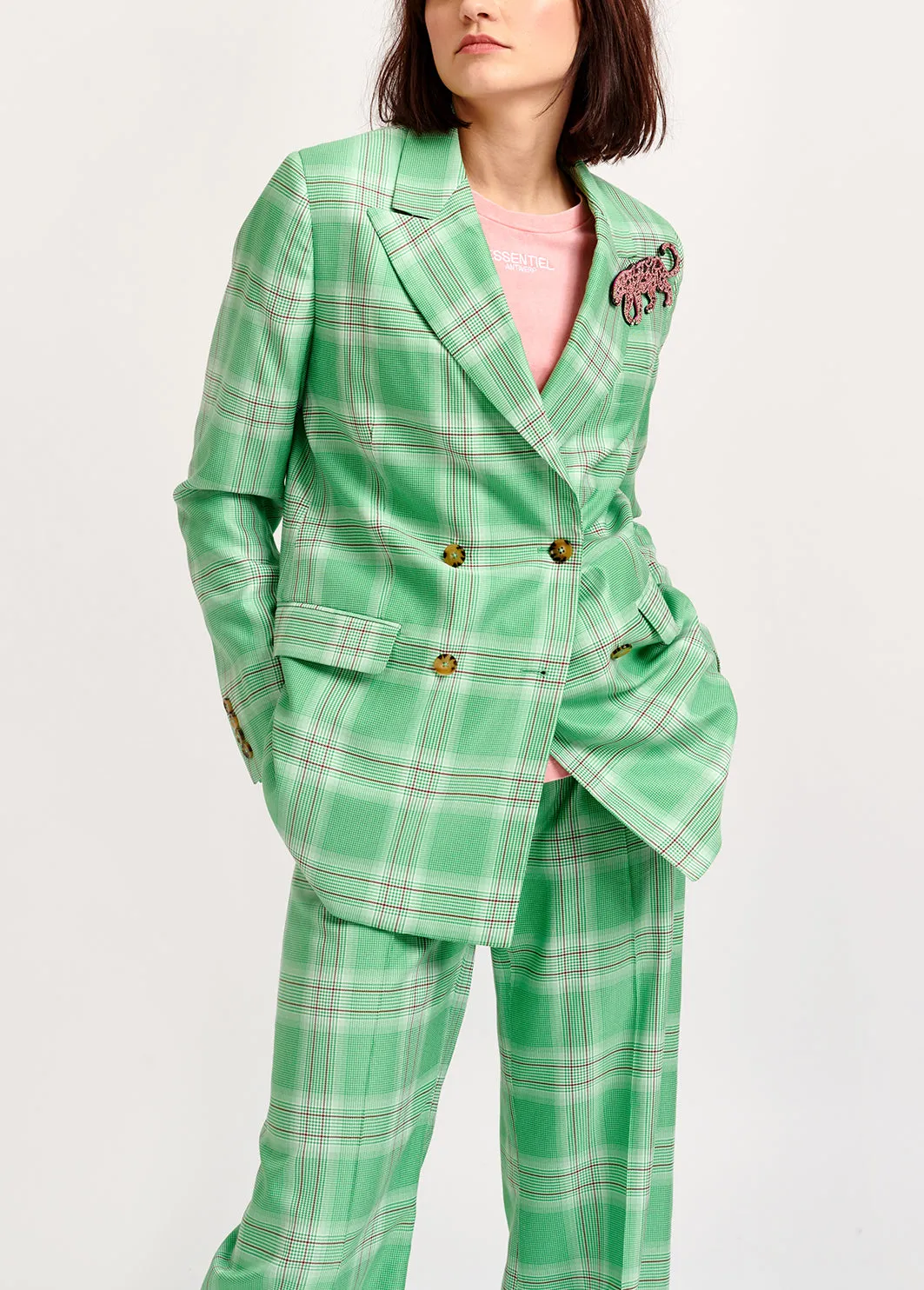 Green plaid double-breasted blazer