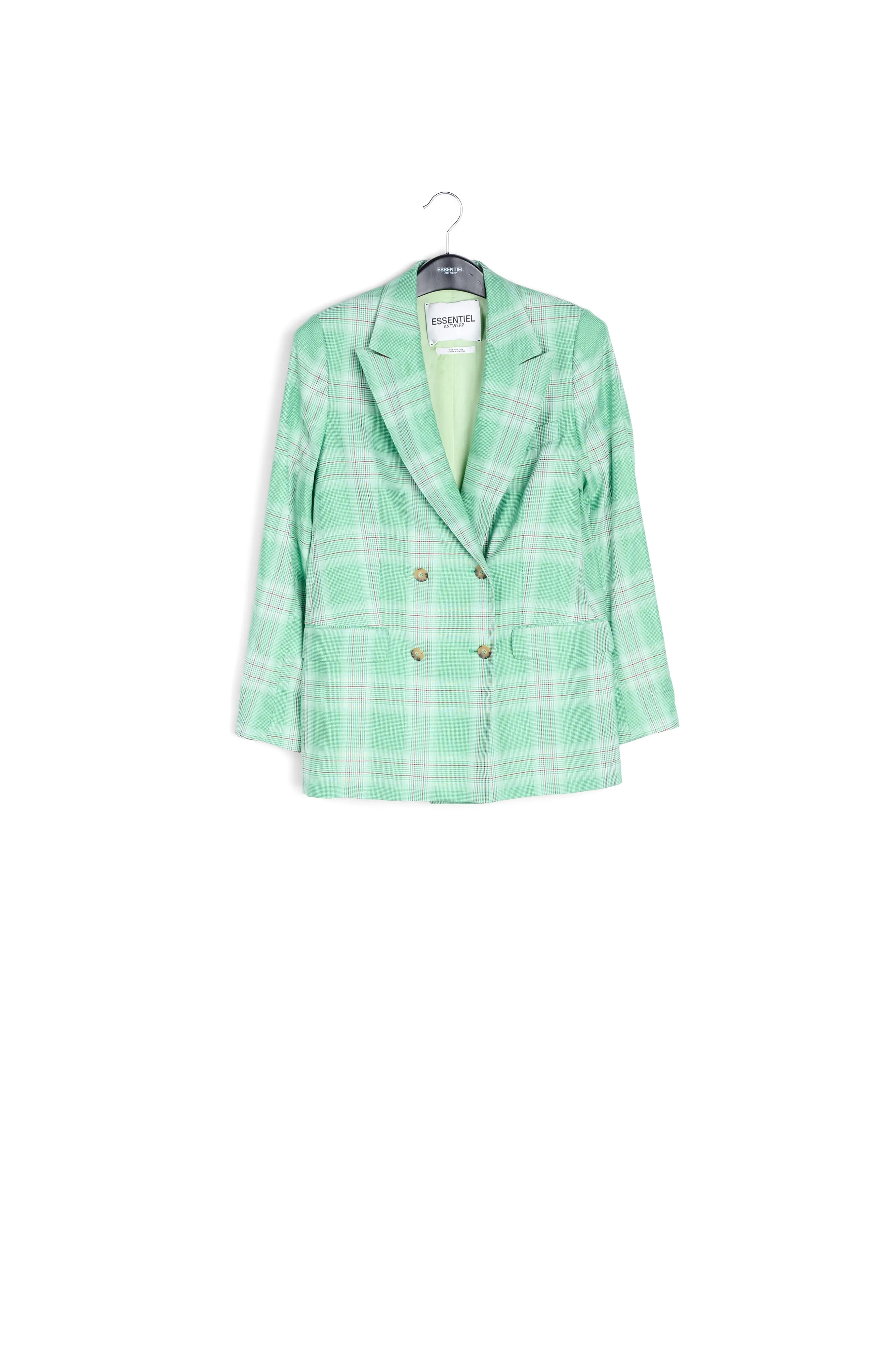 Green plaid double-breasted blazer